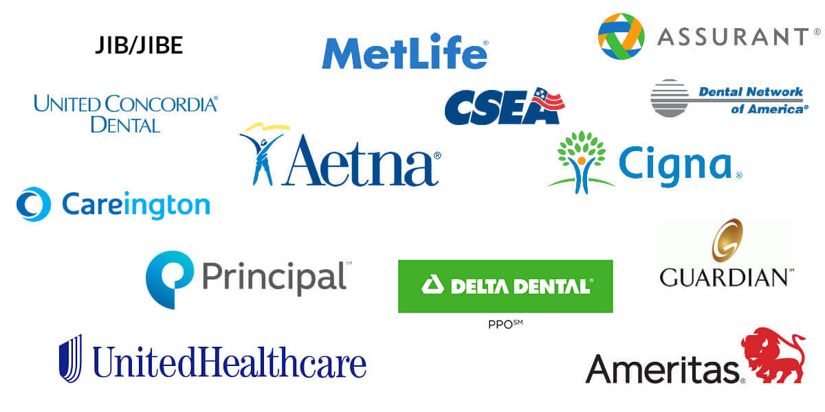Aetna; Ameritas; Assurant; Careington; Cigna; CSEA; Delta Dental PPO; Dental Network of America; Guardian; JIB/JIBE; MetLife; Principal; United Concordia Dental; United Healthcare